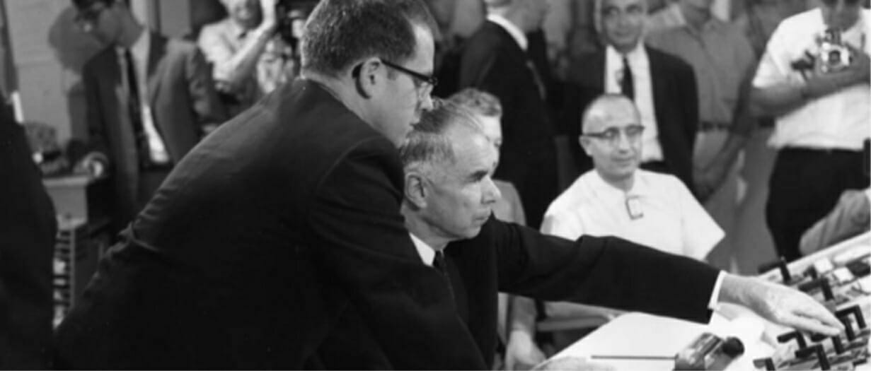 Glenn Seaborg starting up the Molten-Salt Reactor Experiment (MSRE) in 1968, with Chief Engineer J.R. “Dick” Engel at hand to assist.
